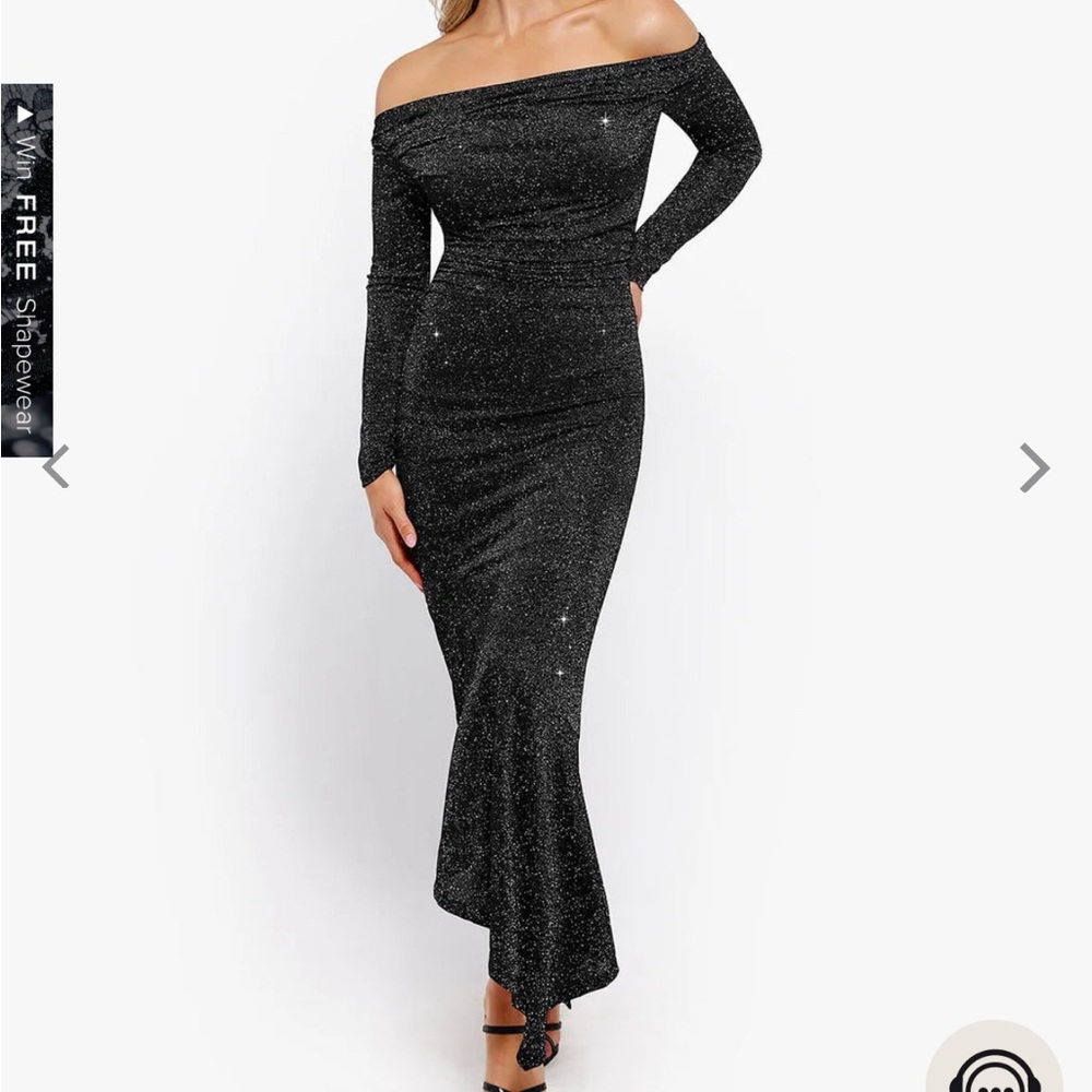 Popilush Glamorous Black Glitter Long Sleeve Dress with shapewear